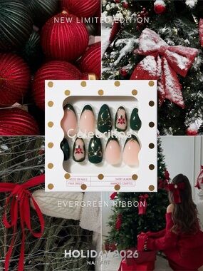 Celebritips Evergreen Ribbon Short Almond Press-On Nails Holiday 2026 NIB